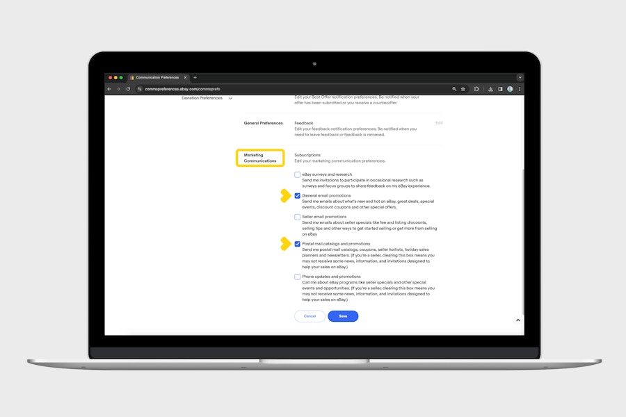 ebay communications preferences with ‘General email promotions’ and ‘Postal mail catalogs and promotions' checked