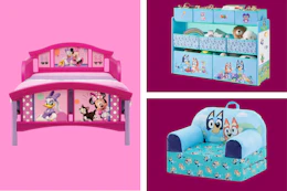 disney character bed, toy organizer, and chair side by side