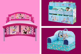 disney character bed, toy organizer, and chair side by side