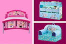 disney character bed, toy organizer, and chair side by side
