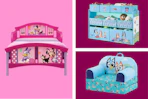 disney character bed, toy organizer, and chair side by side
