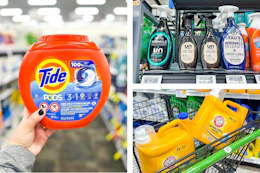 collage image of tide pods, downy wrinkle release, and arm & hammer detergent