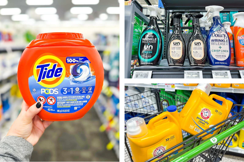 collage image of tide pods, downy wrinkle release, and arm & hammer detergent