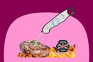 A meat thermometer floats in the air while measuring the temperature of a piece of steak