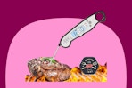 Meat thermometer on a pink background.
