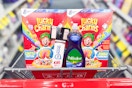 lucky charms cereal, sensodyne toothpaste, palmolive dish soap, and maybelline eyeshadow in a cart