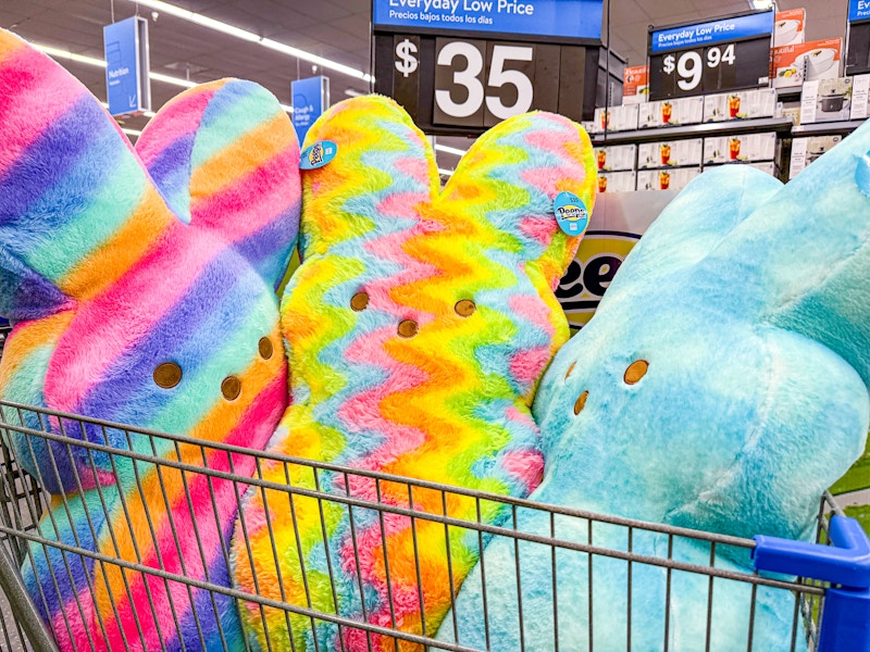 three peeps jumbo plushes in walmart cart