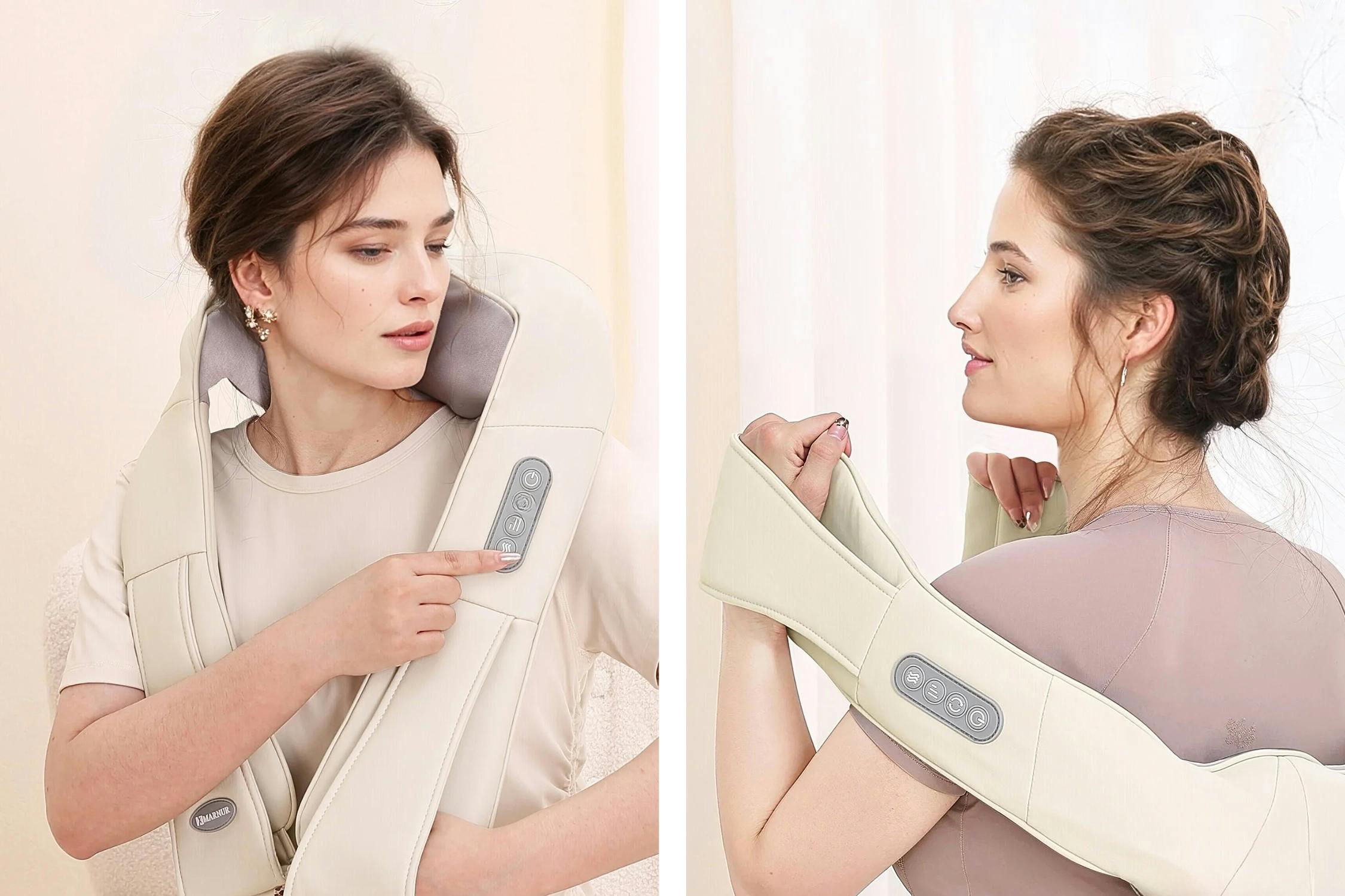 2 Lifestyle images of the MARNUR Neck and Shoulder Massager being used by a woman