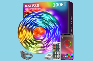 A box of 100-Foot Color-Changing LED Lights that can be controlled by remote or smartphone