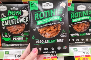 hand holding a box of veggiecraft farms pasta at kroger