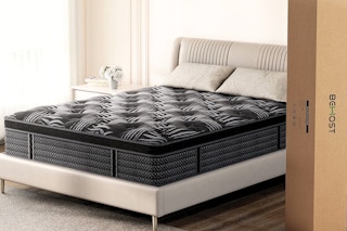 Lifestyle image of the Behost Queen Mattress (with box next to a bed)
