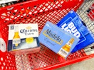 Three packs of beer in Target shopping cart