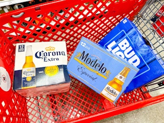 Three packs of beer in Target shopping cart
