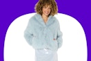 Stock image of a model wearing a blue faux fur Wild Fable jacket
