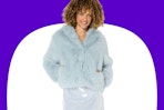 Stock image of a model wearing a blue faux fur Wild Fable jacket
