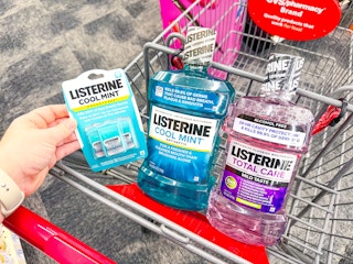 listerine mouthwash and pocket packs in a cvs cart