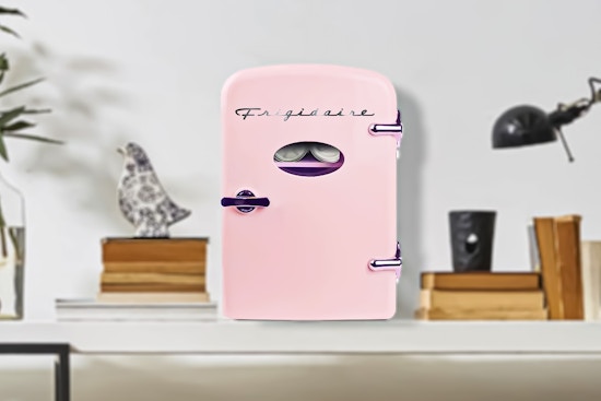 Lifestyle image of a pink Frigidaire Retro Mini Fridge