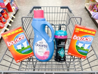 downy and bounce laundry products in walgreens cart