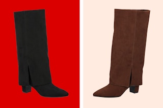 2 colors of the Time and Tru Women's Faux Suede Foldover Tall Boots