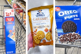 quaker crisps, oreo cereal, and walgreens storage bag collage