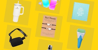 a friendship day gifts college with a stanley cup, bracelets, and a ice roller