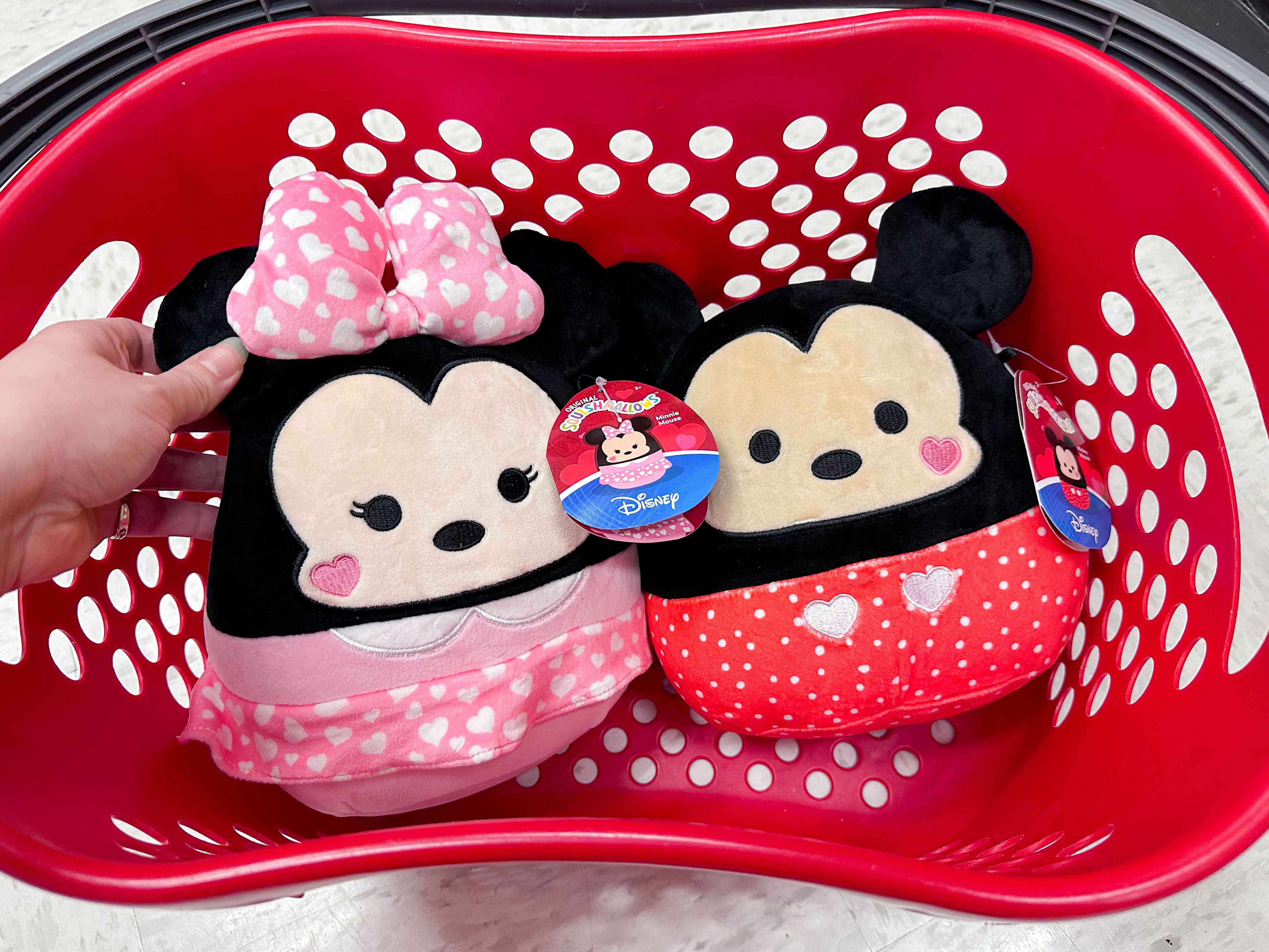 Valentine's Day Mickey and Minnie Mouse squishmallows in a Target basket