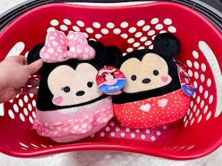 Valentine's Day Mickey and Minnie Mouse squishmallows in a Target basket