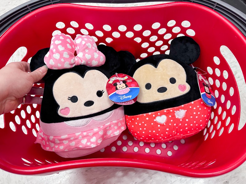 Valentine's Day Mickey and Minnie Mouse squishmallows in a Target basket