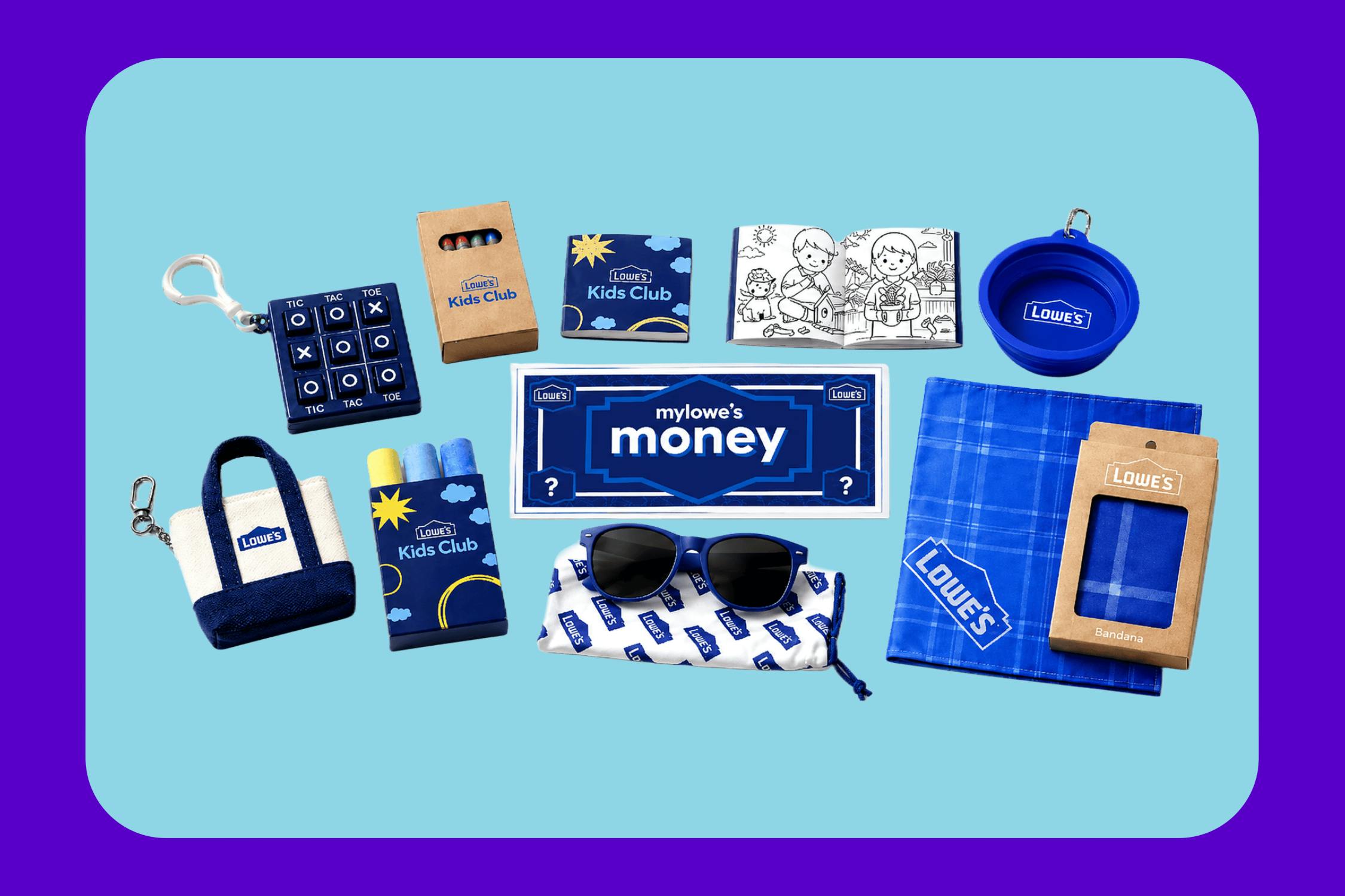 Free Lowe's items: keychain game, Kids Club sheets, coloring page, pet bowl, sunglasses, gift card, tote bag, blanket, pouch.
