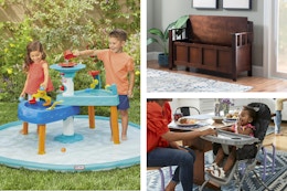 water table, storage bench, and baby high chair