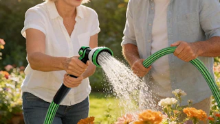 a couple watering flowers with a water house