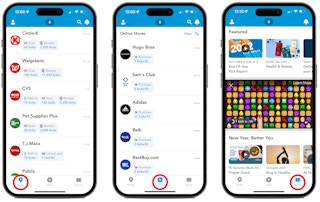 Three phones, each showing the different tabs on the Shopkick app: Nearby, Online, and Discover