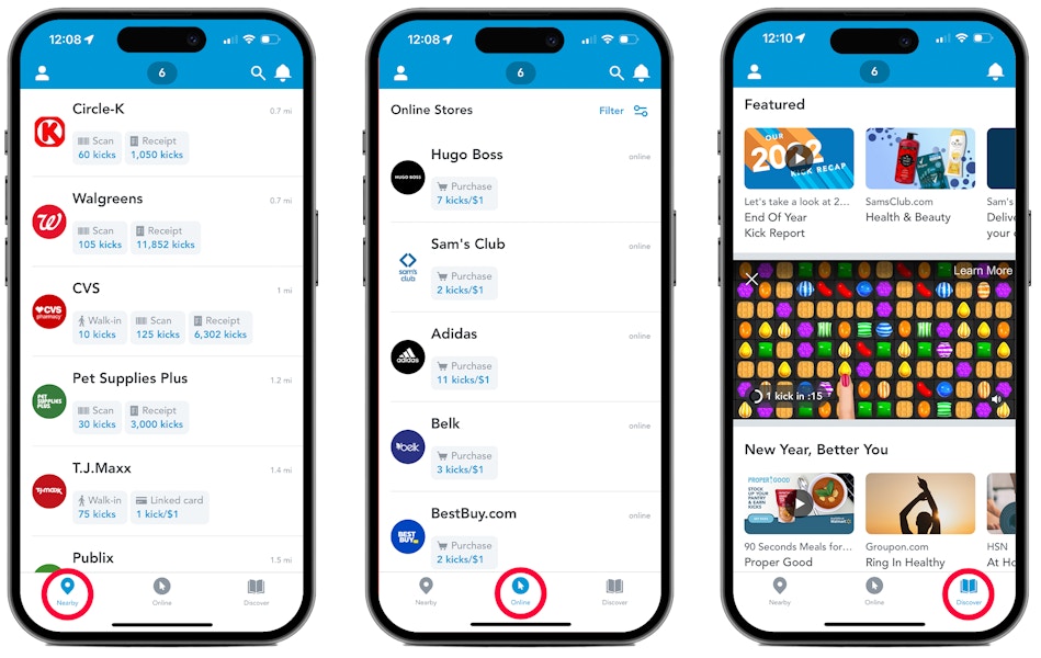 Three phones, each showing the different tabs on the Shopkick app: Nearby, Online, and Discover