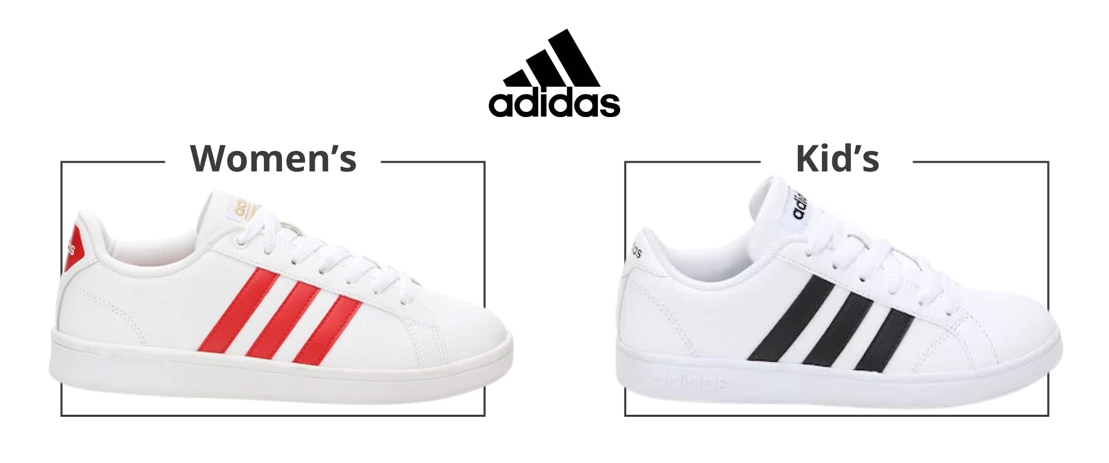A comparison of a kid's and women's adidas shoe