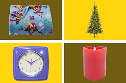 Kohl's throw blanket, Christmas tree, wall clock, and heart candle.