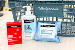 neutrogena skincare products in front of a walgreens shopping basket