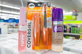 one Covergirl Yummy lipgloss, mascara, and essence on shelf