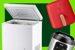 white chest freezer, red air fryer, black and silver rice cooker