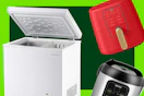 white chest freezer, red air fryer, black and silver rice cooker