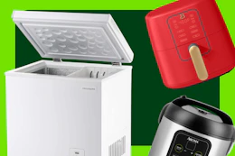 white chest freezer, red air fryer, black and silver rice cooker