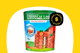 lincoln logs in a white bubble on a yellow background