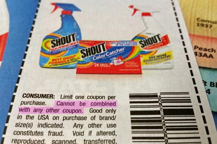 A shout coupon with highlight fine print explaining you can't combine offer with any other coupons