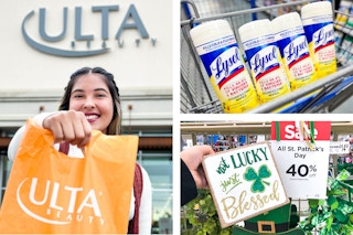 a woman holding an ulta bag, lysol wipes in a cart and some st patricks day decor on sale