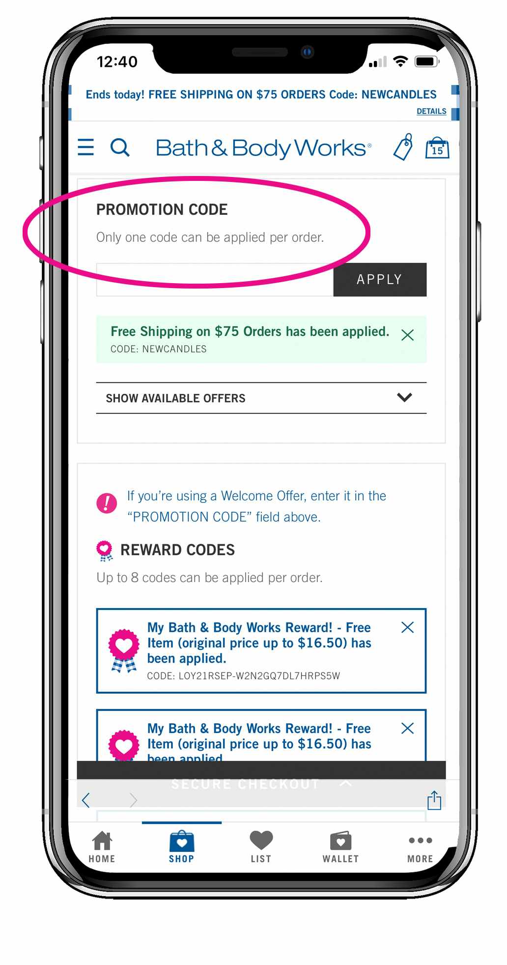 A graphic of a phone showing the Promotion Code box during checkout on the Bath & Body Works app.