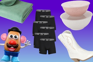 blanket, Mr. Potato Head, men's boxers, western boots, bowls