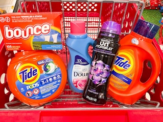 Bounce, Tide, and Downy together in Target shopping cart