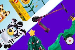 bluey plushes, lego sunflower, step2 christmas tree, little tikes tractor, razor electric scooter