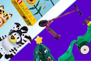bluey plushes, lego sunflower, step2 christmas tree, little tikes tractor, razor electric scooter