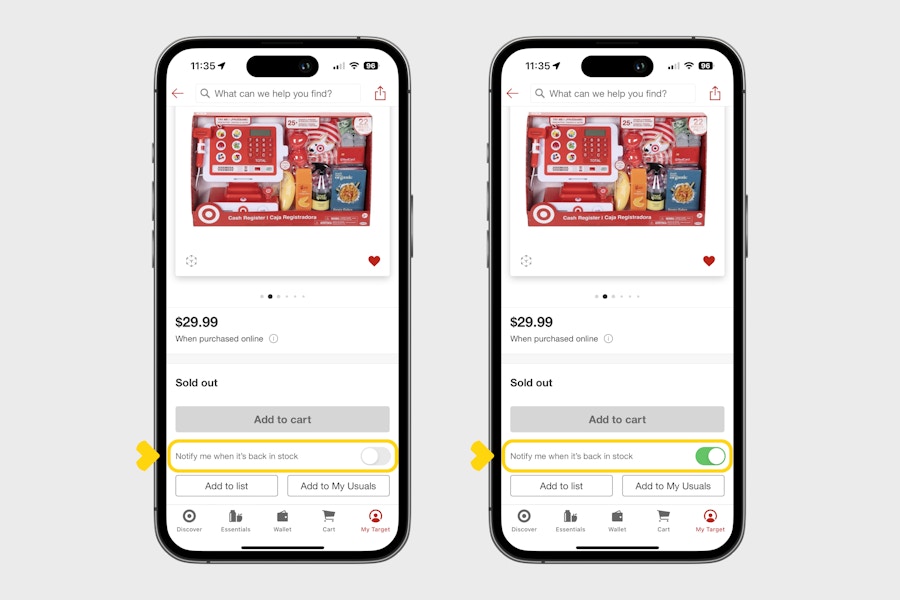two phones, one showing the Notify me when it's back in stock toggle off and the other showing it switched on