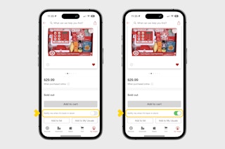 two phones, one showing the Notify me when it's back in stock toggle off and the other showing it switched on